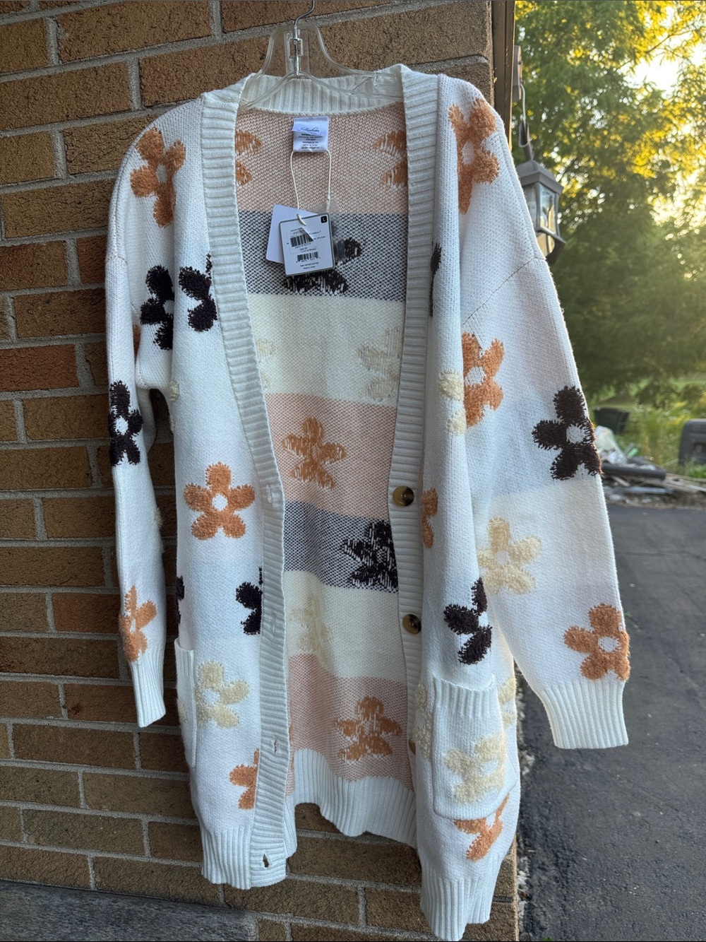 Cream Floral Button-Up Cardigan with Pockets